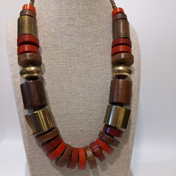 Vintage Chunky Wood Metal Brown Red Rust Bead Statement Necklace Boho Casual - Picture 3 of 4